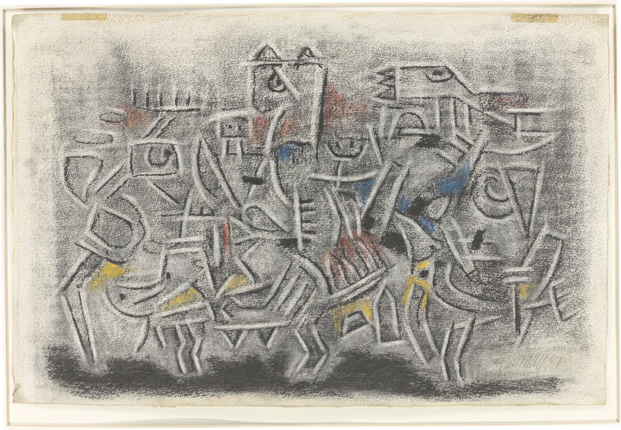Auf diesem Bild ist das folgende Kunstwerk zu sehen: Willi Baumeister. „Figurenmauer mit Blau, Rot und Gelb“. 1947.