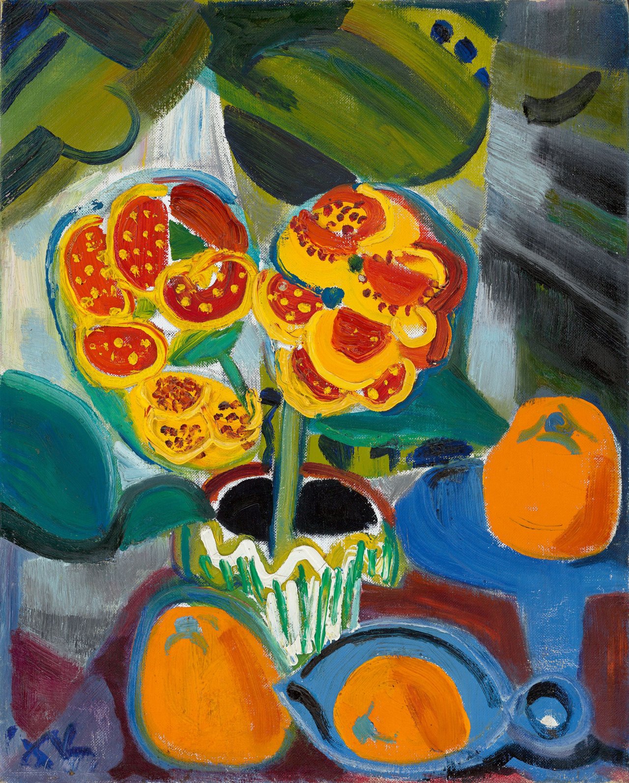 This picture shows the following artwork: Ida Kerkovius. Stillleben mit Pantoffelblume und Orangen.