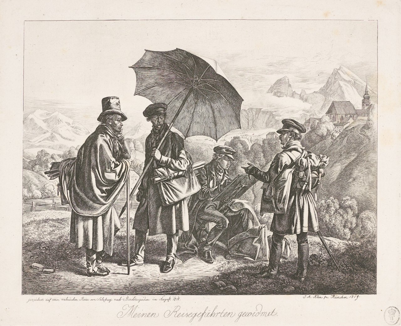 Auf diesem Bild ist das folgende Kunstwerk zu sehen: Johann Adam Klein. „Die Maler auf der Reise“. 1818/19.