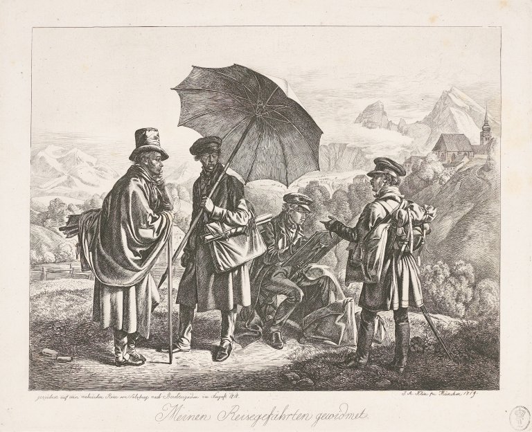 Auf diesem Bild ist das folgende Kunstwerk zu sehen: Johann Adam Klein. „Die Maler auf der Reise“. 1818/19.