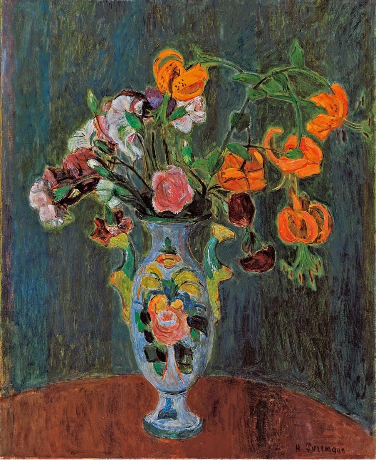 Auf diesem Bild ist das folgende Kunstwerk zu sehen: Hans Purrmann. „Türkenbund und Nelken in Biederemeiervase“. 1946.