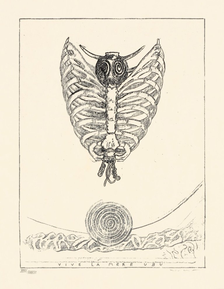 Auf diesem Bild ist das folgende Kunstwerk zu sehen: Max Ernst. „Vive la Mere ubu“ aus: “Alfred Jarry, Décervelages“. 1971.