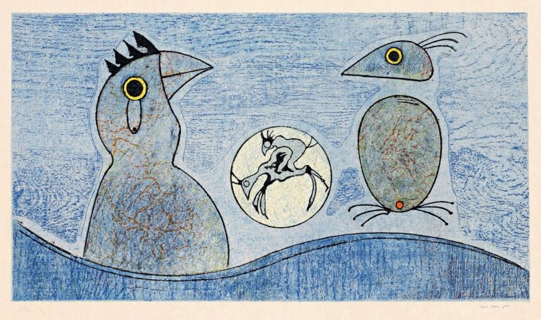 Auf diesem Bild ist das folgende Kunstwerk zu sehen: Max Ernst. Deux Oiseaux. Nach 1975.