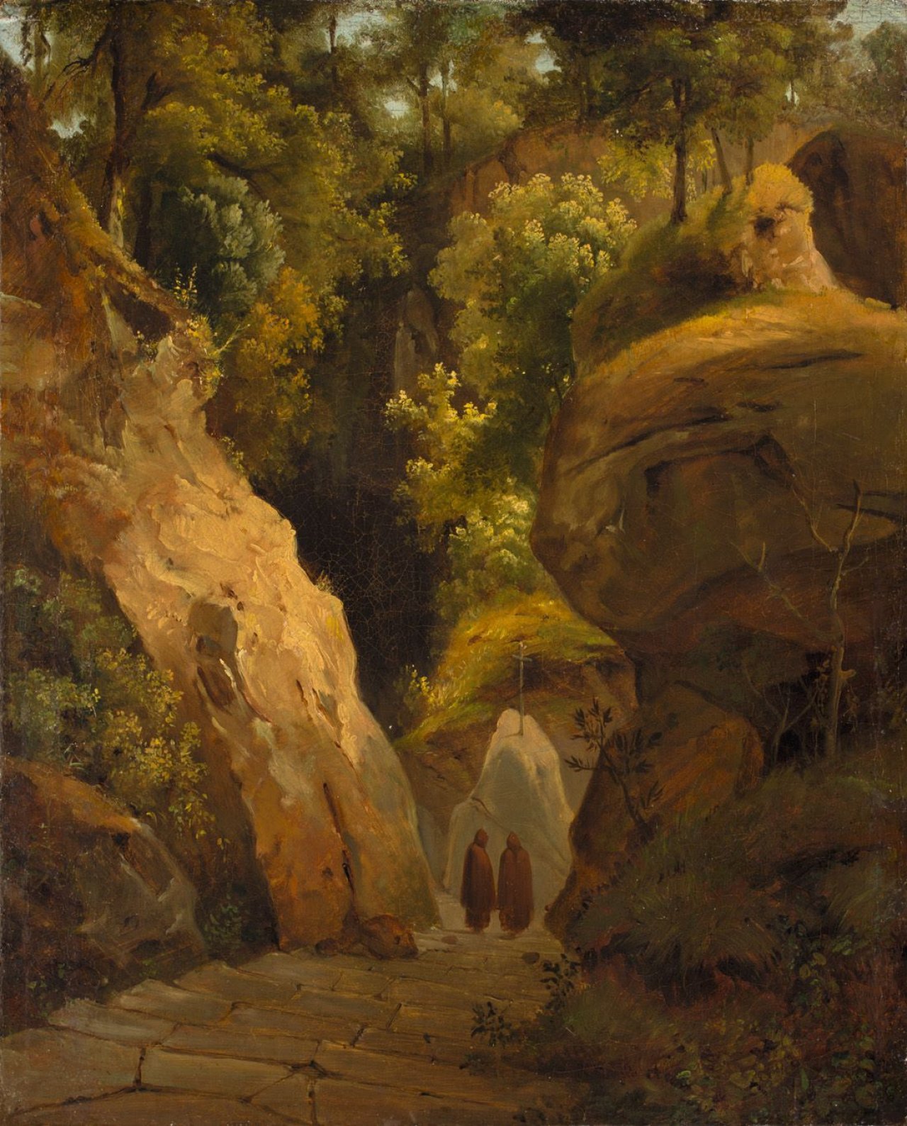 Auf diesem Bild ist das folgende Kunstwerk zu sehen: Carl Blechen (?). Mönche auf einer Treppe zwischen einer Felsenschlucht (Die Treppe zur Grotta di San Francesco alla Verna). Um 1830.
