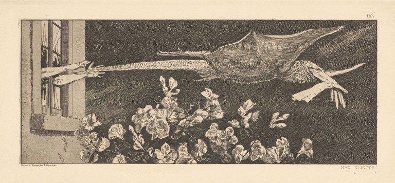 Auf diesem Bild ist das folgende Kunstwerk zu sehen: Max Klinger. „Paraphrase über den Fund eines Handschuhs. Opus VI“. 1881.