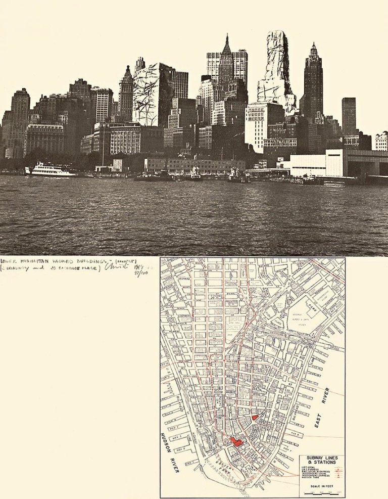 Auf diesem Bild ist das folgende Kunstwerk zu sehen:  Christo. „Lower Manhattan Packed Buildings, 2 Broadway and 20 Exchange Place, Project“. 1964.