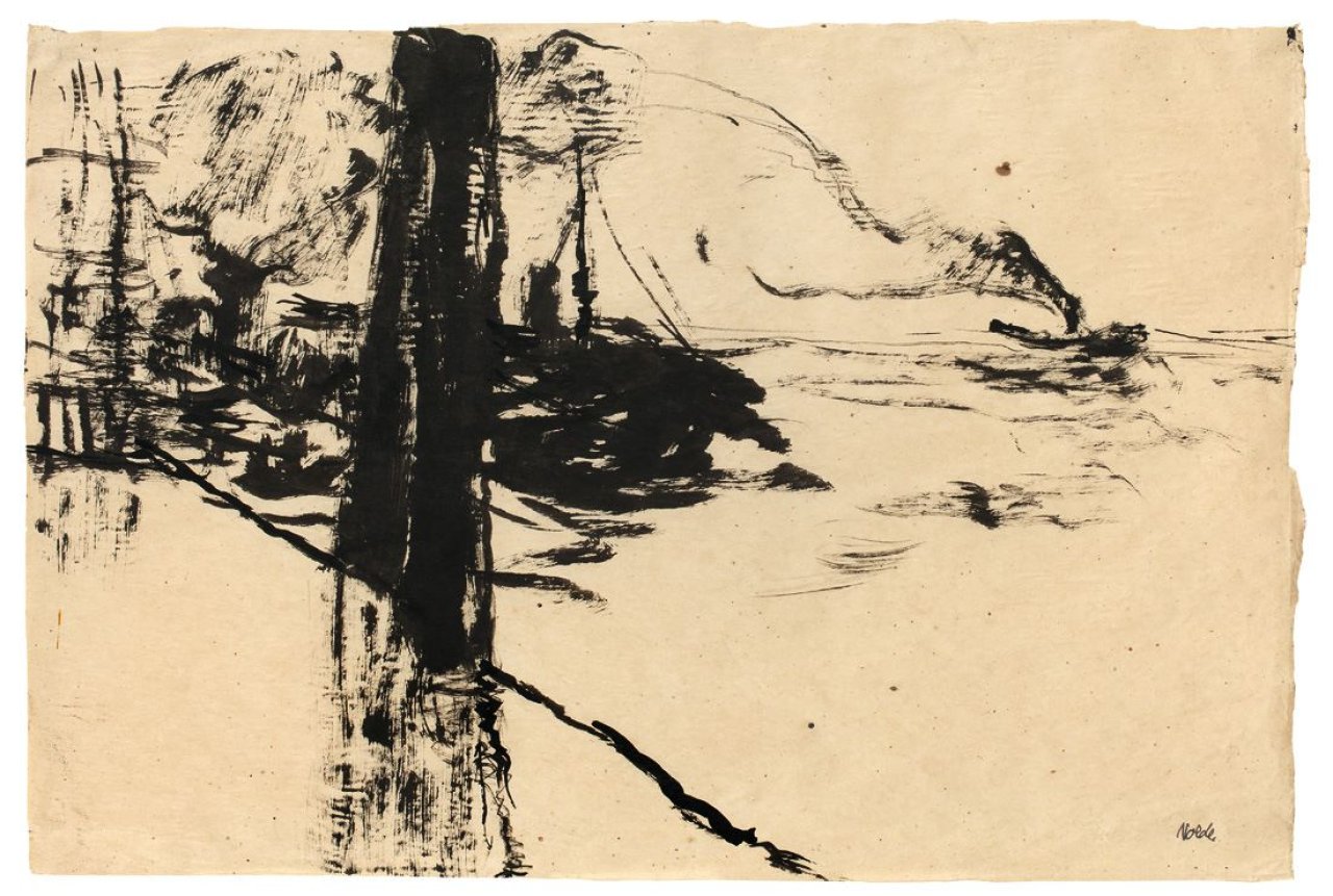 This picture shows the following artwork: Emil Nolde. Hamburger Hafen, Schiffe am Kai und Schlepper. 1910.