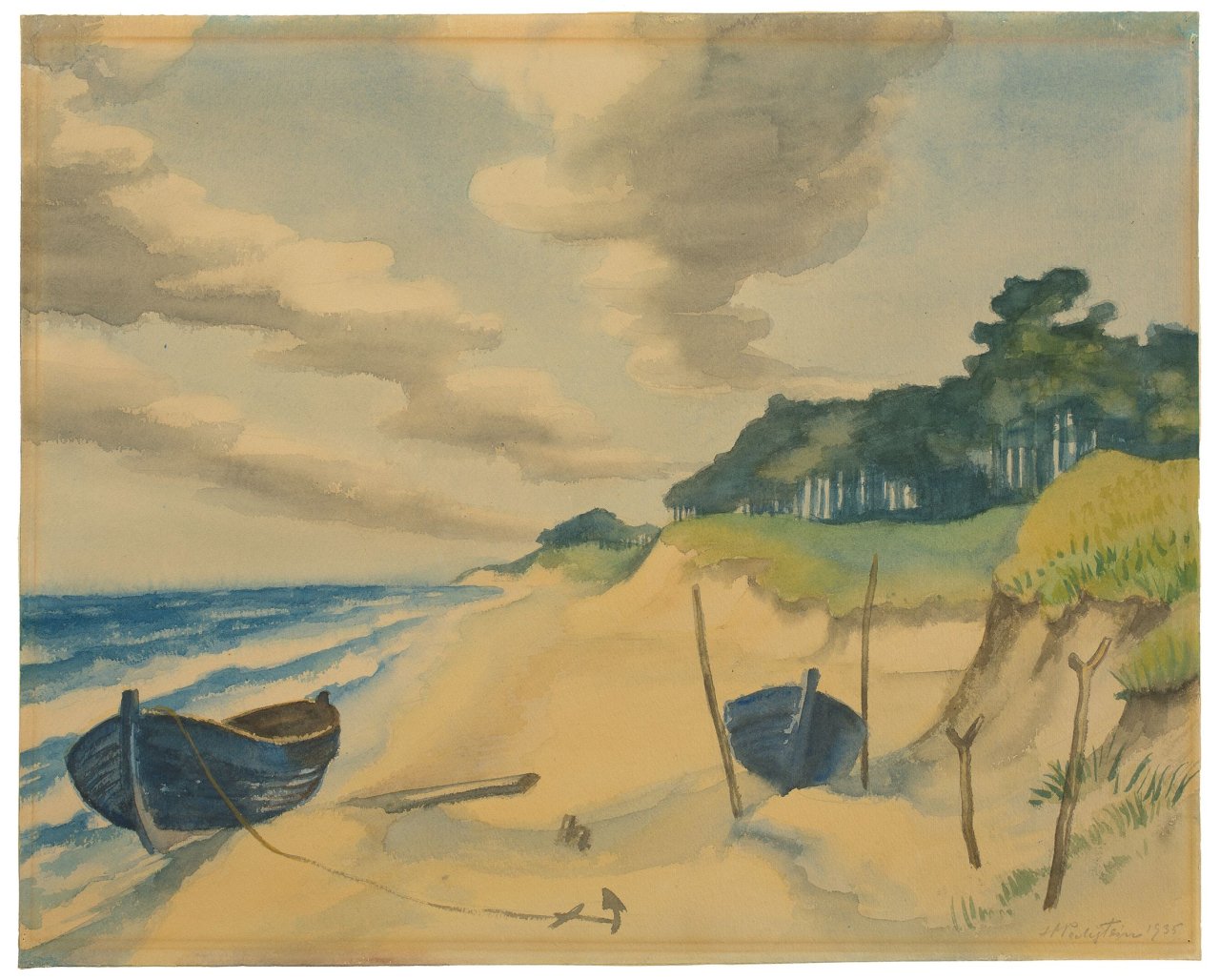 Auf diesem Bild ist das folgende Kunstwerk zu sehen: Max Pechstein. Boote am Ufer. 1935.