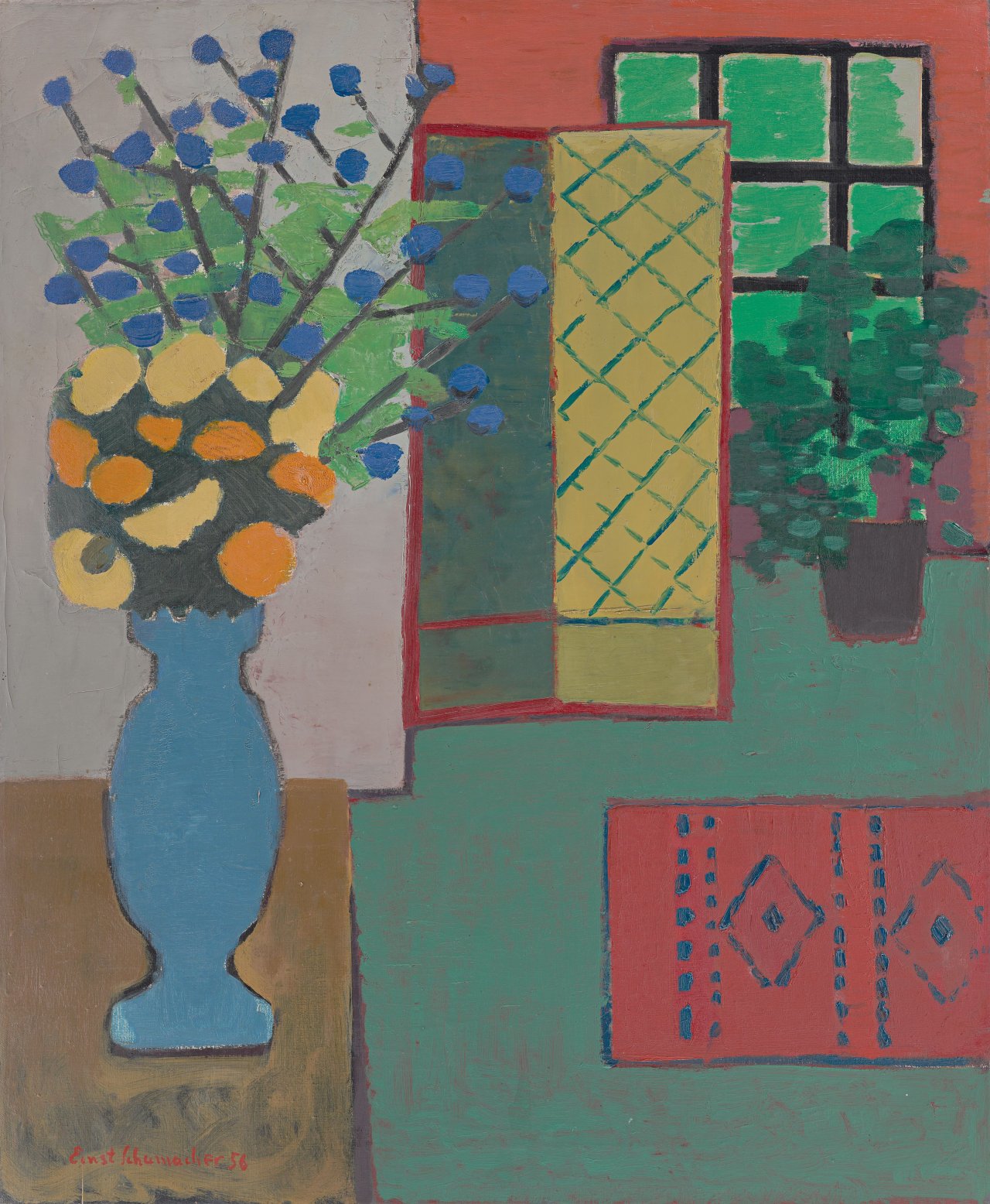 Auf diesem Bild ist das folgende Kunstwerk zu sehen: Ernst Schumacher. „Vase auf Kommode“. 1956.