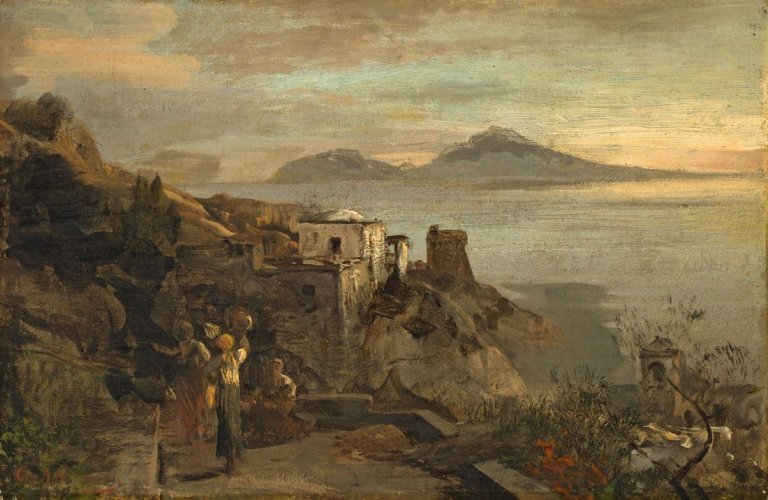 Auf diesem Bild ist das folgende Kunstwerk zu sehen: Oswald Achenbach. Am Golf von Neapel (Studie). Um 1880.
