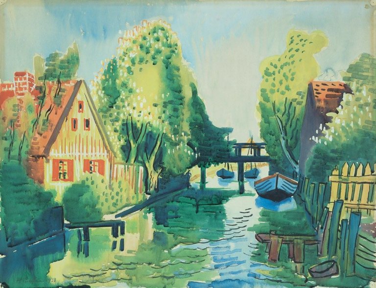 Auf diesem Bild ist das folgende Kunstwerk zu sehen: Max Pechstein. Kanal mit Häusern. 1933.