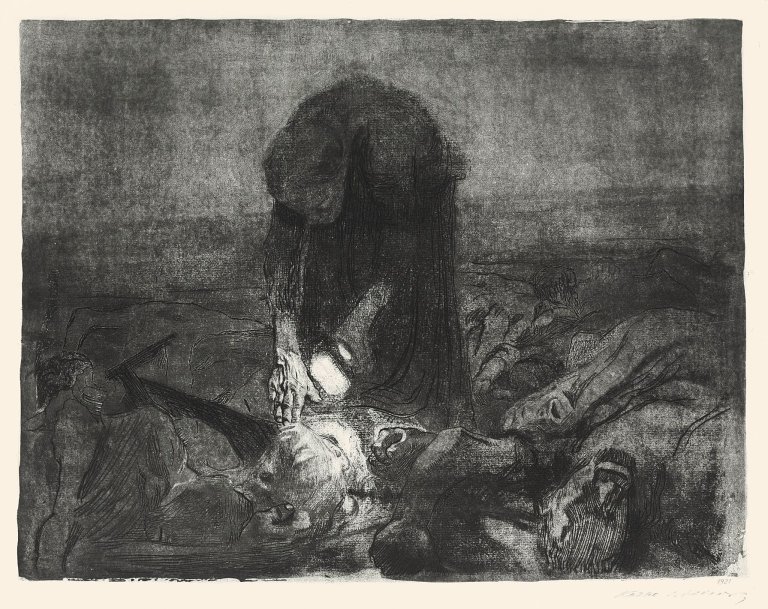 Auf diesem Bild ist das folgende Kunstwerk zu sehen: Käthe Kollwitz. „Schlachtfeld“. 1907.