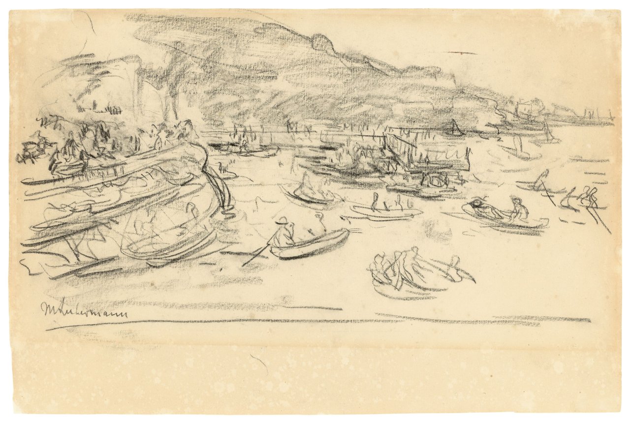 This picture shows the following artwork: Max Liebermann. Moorlake Bay with Boats. 1920s.