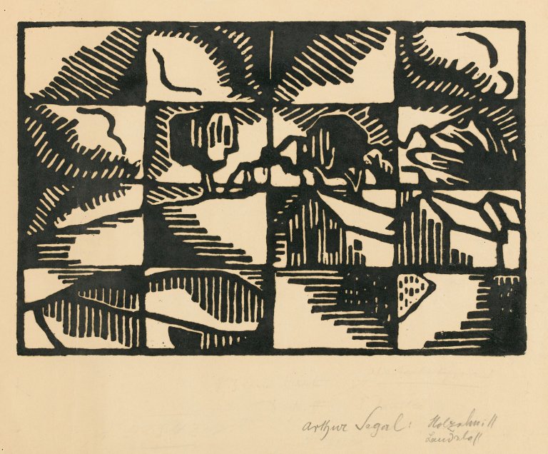 Auf diesem Bild ist das folgende Kunstwerk zu sehen: Arthur Segal. Landschaft / Atelier Häuser. Um 1918.