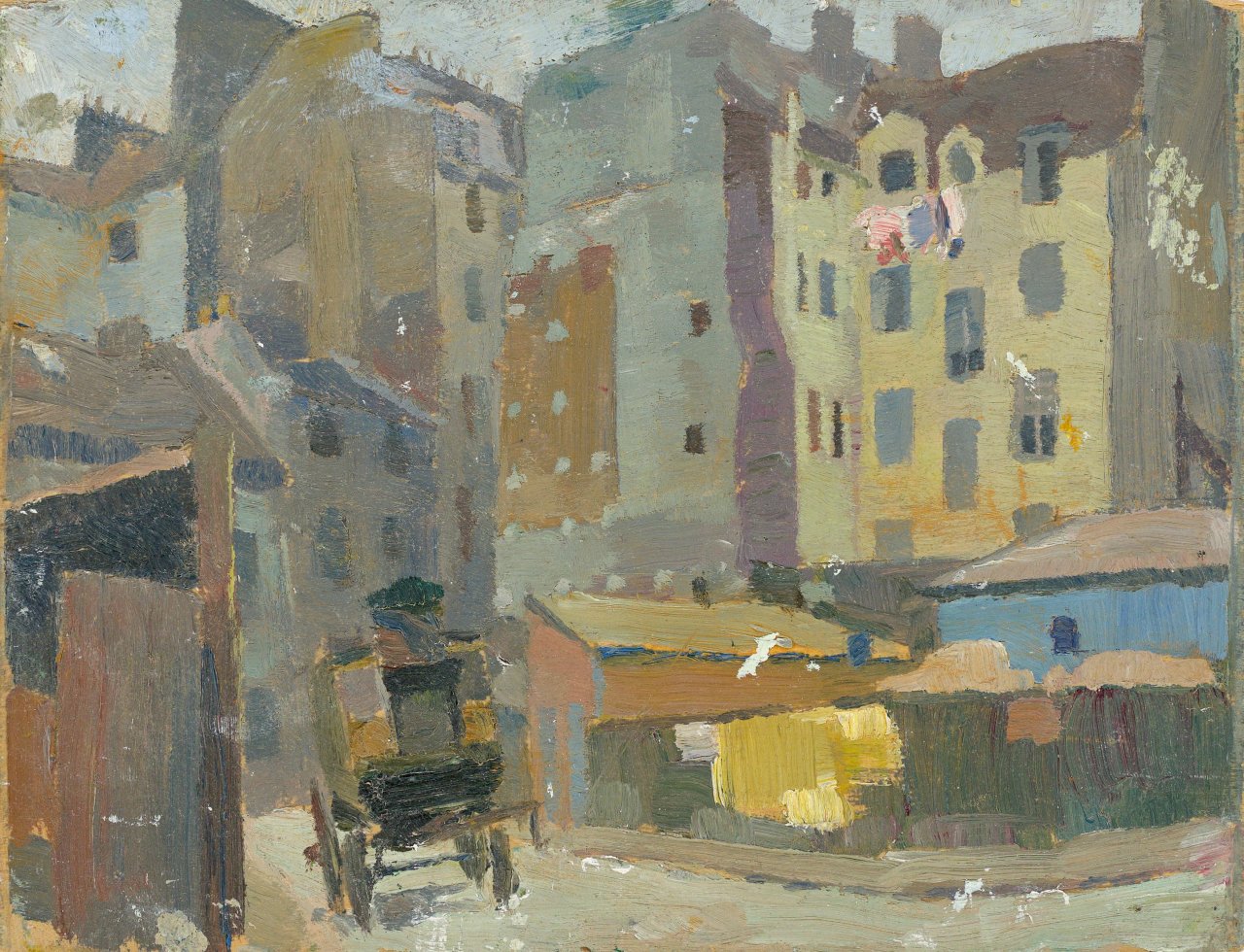 Auf diesem Bild ist das folgende Kunstwerk zu sehen: Lyonel Feininger. „Gasse mit Fuhrwerk in Paris“. 1907.