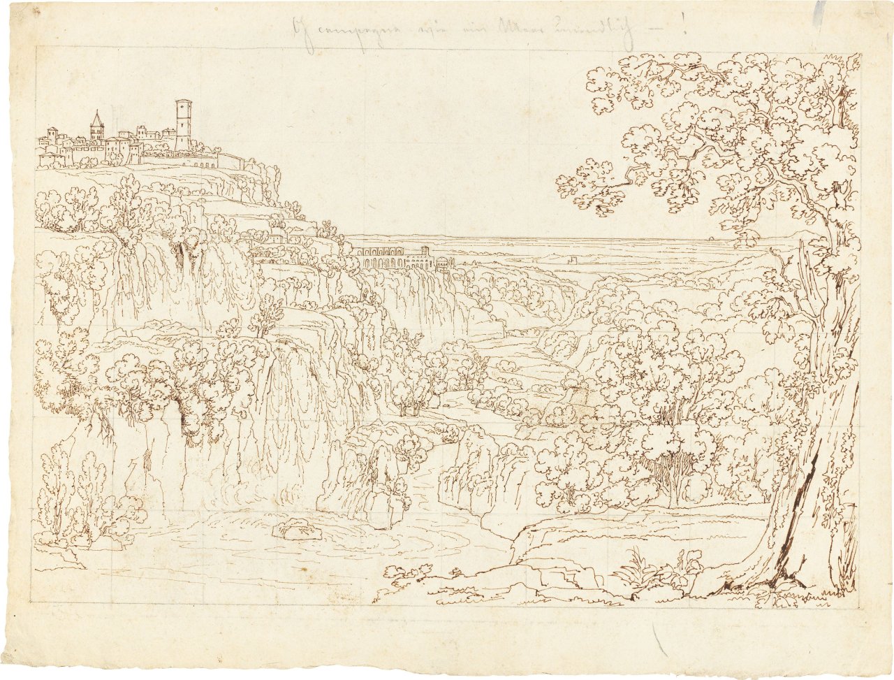 Auf diesem Bild ist das folgende Kunstwerk zu sehen:  Deutsch, um 1820. Blick auf Tivoli („Oh Campagna, wie ein Meer unendlich - !“).