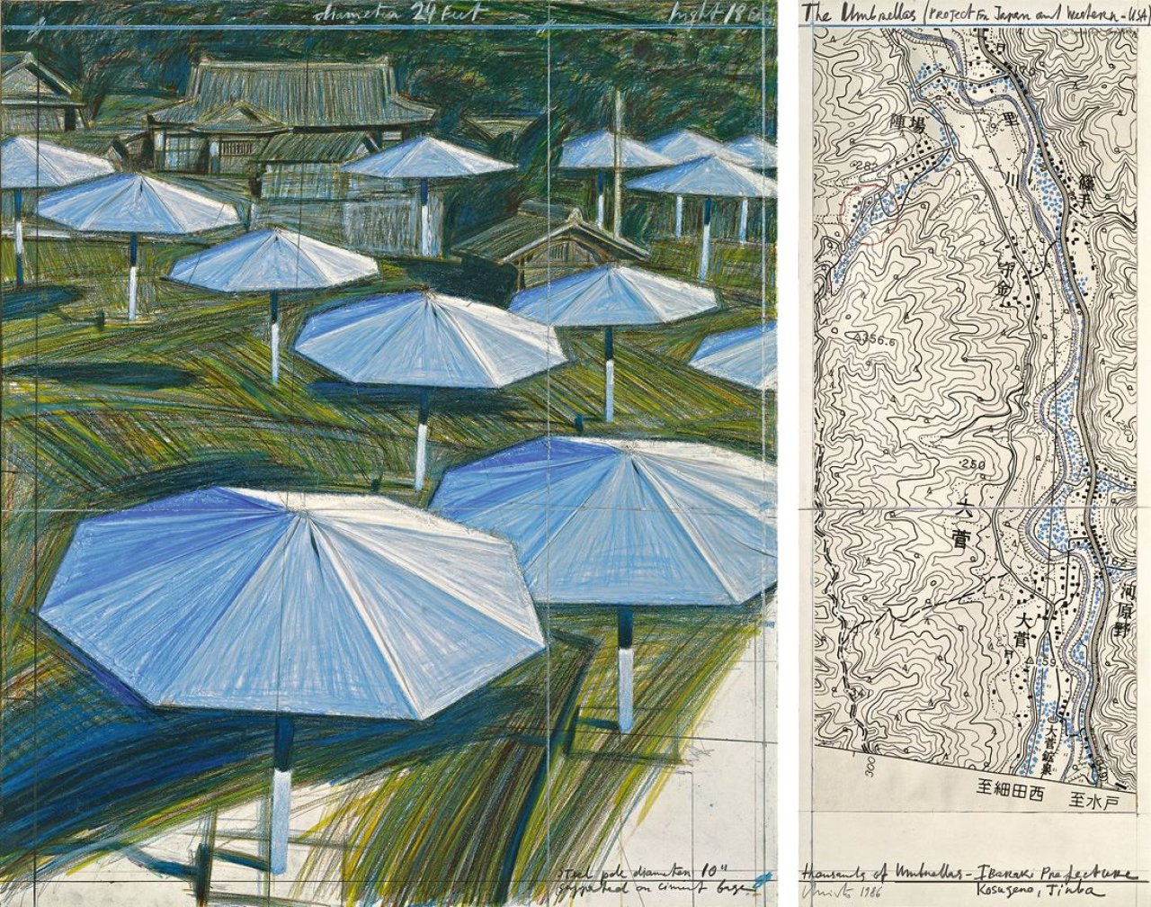 Auf diesem Bild ist das folgende Kunstwerk zu sehen:  Christo. „The Umbrellas (Project for Japan and Western USA)“. 1986.
