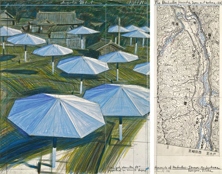 Auf diesem Bild ist das folgende Kunstwerk zu sehen:  Christo. „The Umbrellas (Project for Japan and Western USA)“. 1986.