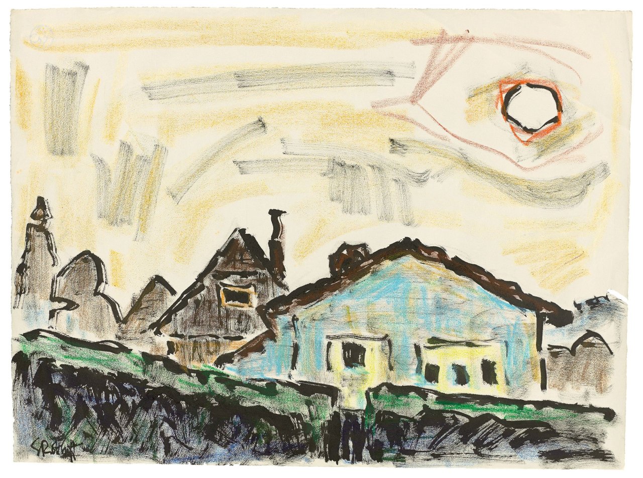 Auf diesem Bild ist das folgende Kunstwerk zu sehen: Karl Schmidt-Rottluff. Dorf im Sonnenlicht. 1960er-Jahre.