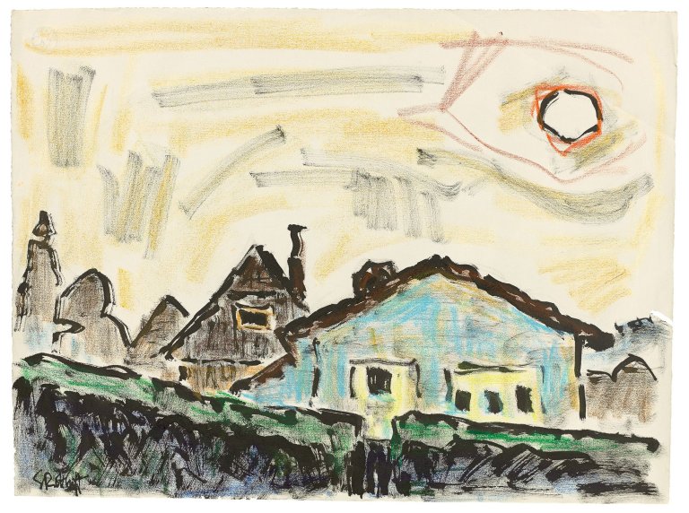 Auf diesem Bild ist das folgende Kunstwerk zu sehen: Karl Schmidt-Rottluff. Dorf im Sonnenlicht. 1960er-Jahre.