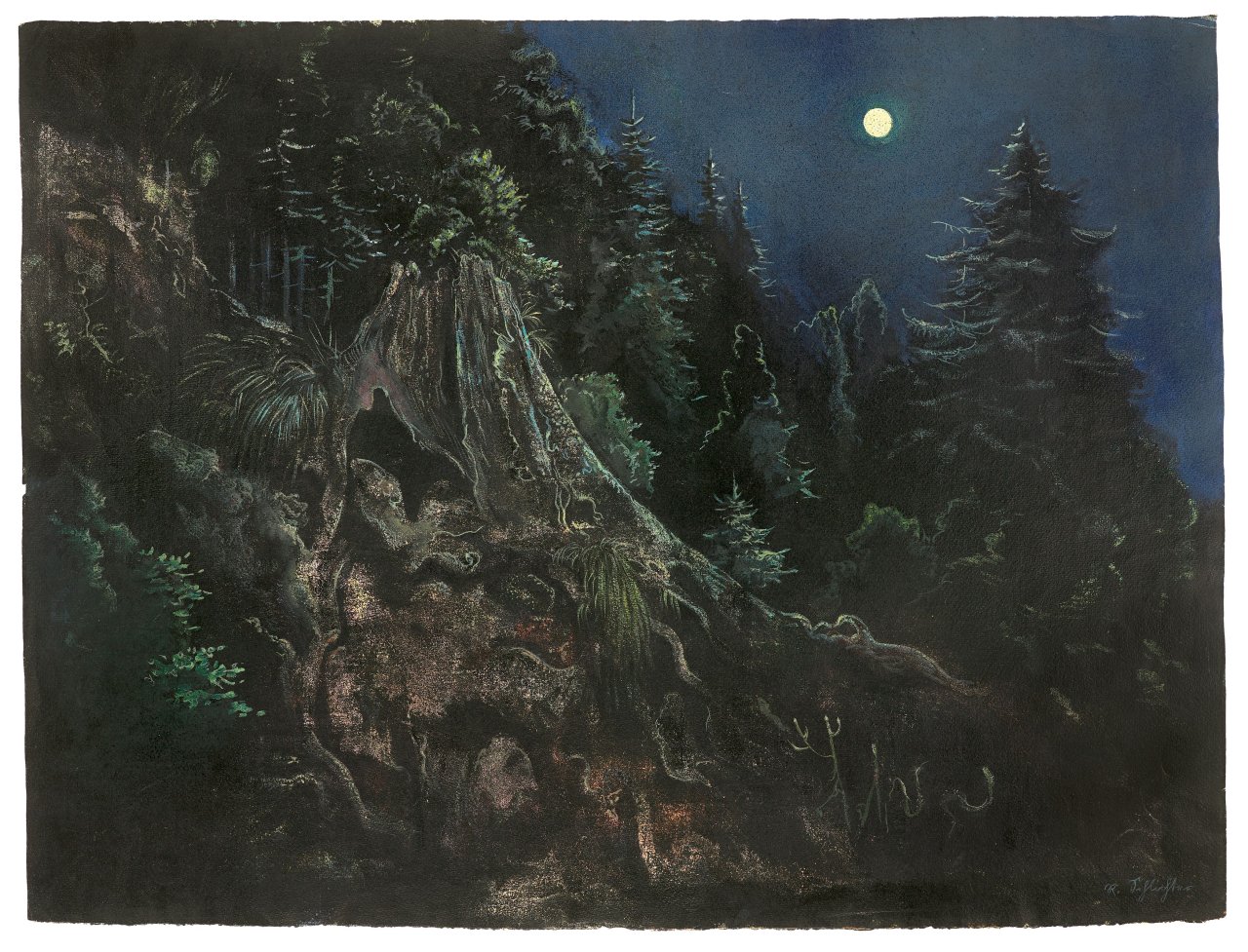 Auf diesem Bild ist das folgende Kunstwerk zu sehen: Rudolf Schlichter. „Mondnacht im Wald“. 1950.