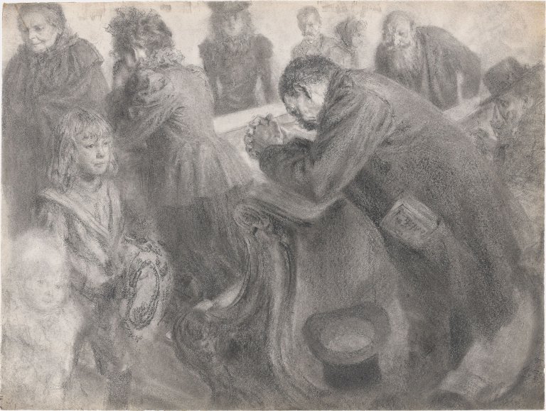 Auf diesem Bild ist das folgende Kunstwerk zu sehen: Adolph Menzel. In der Kirche. Nach 1898.