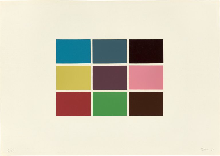 Auf diesem Bild ist das folgende Kunstwerk zu sehen: Gerhard Richter. „9 von 180 Farben“. 1971.