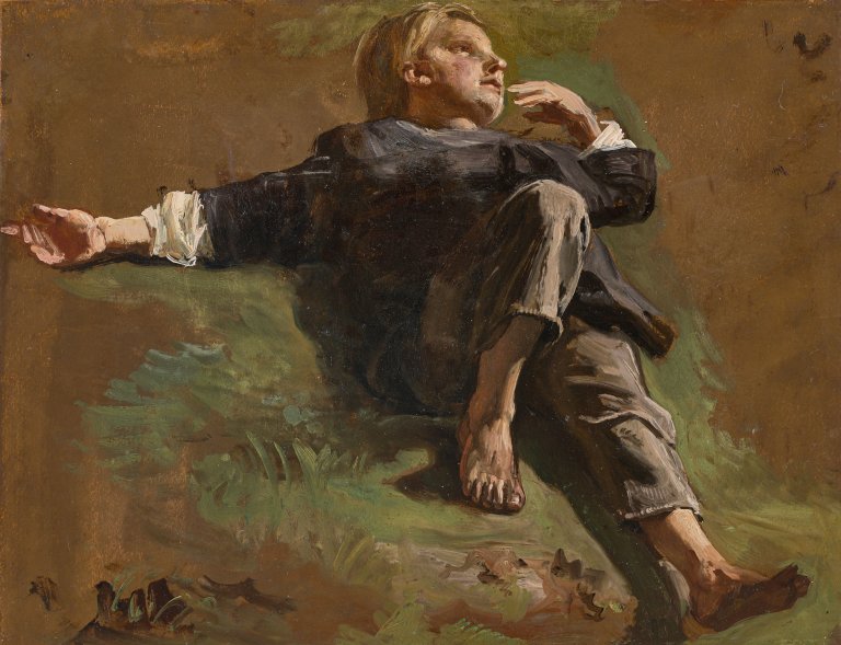 Auf diesem Bild ist das folgende Kunstwerk zu sehen: Christian Friedrich Gille. Liegender Hirtenjunge im Gras (Studie).