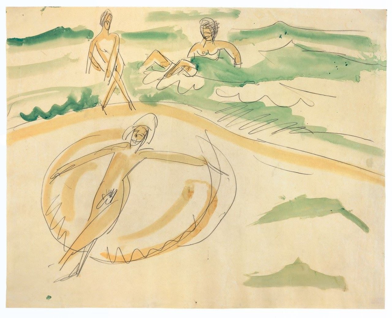 Auf diesem Bild ist das folgende Kunstwerk zu sehen: Ernst Ludwig Kirchner. Badende am Fehmarnstrand. 1913.