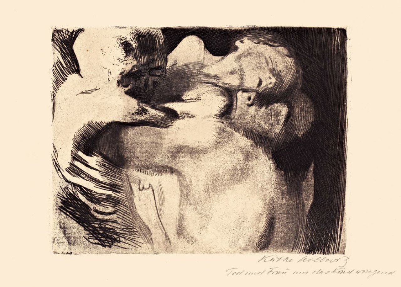Auf diesem Bild ist das folgende Kunstwerk zu sehen: Käthe Kollwitz. „Tod und Frau um das Kind ringend“. 1911.