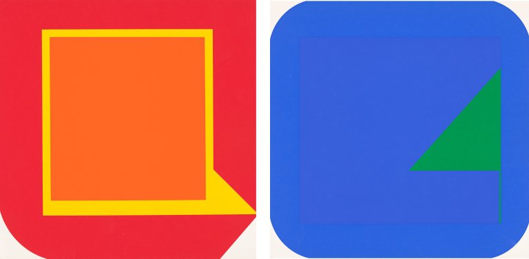 Auf diesem Bild ist das folgende Kunstwerk zu sehen: Georg Karl Pfahler. „Siebdruck blau/blau/grün“ / „Siebdruck rot/gelb“. 1969.