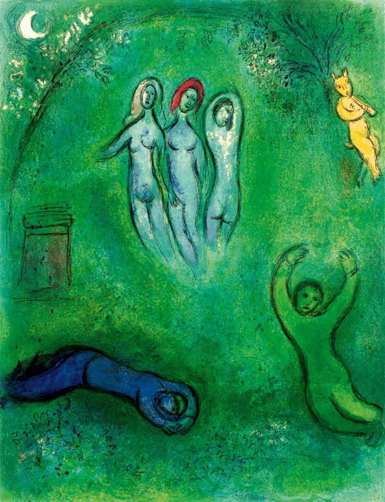 Auf diesem Bild ist das folgende Kunstwerk zu sehen: Marc Chagall. „Songe de Daphnis et les Nymphes“. 1961.