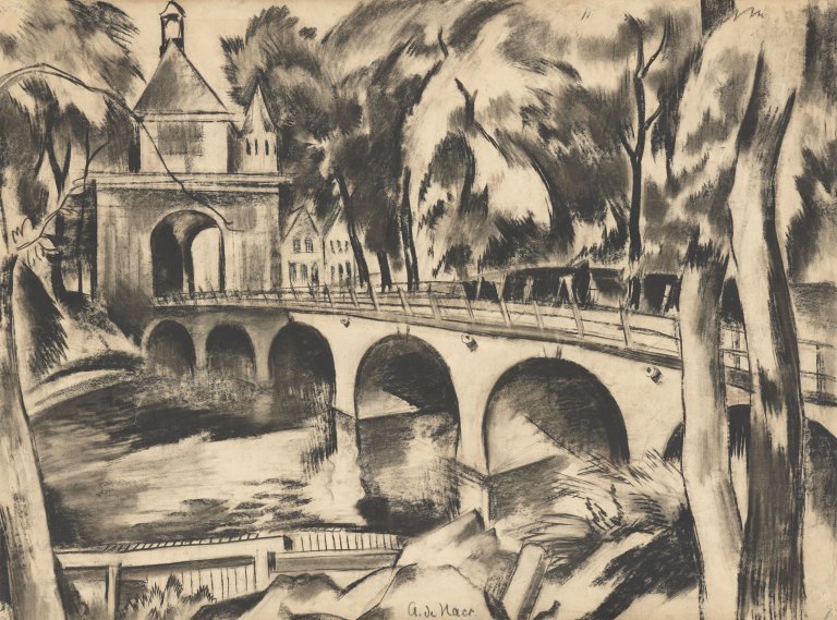 Auf diesem Bild ist das folgende Kunstwerk zu sehen: Adolf de Haer. Landschaft mit Fluss und Steinbrücke.