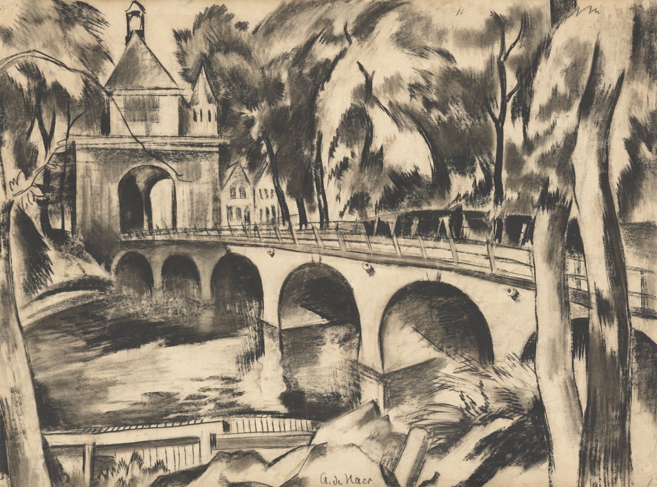 Auf diesem Bild ist das folgende Kunstwerk zu sehen: Adolf de Haer. Landschaft mit Fluss und Steinbrücke.