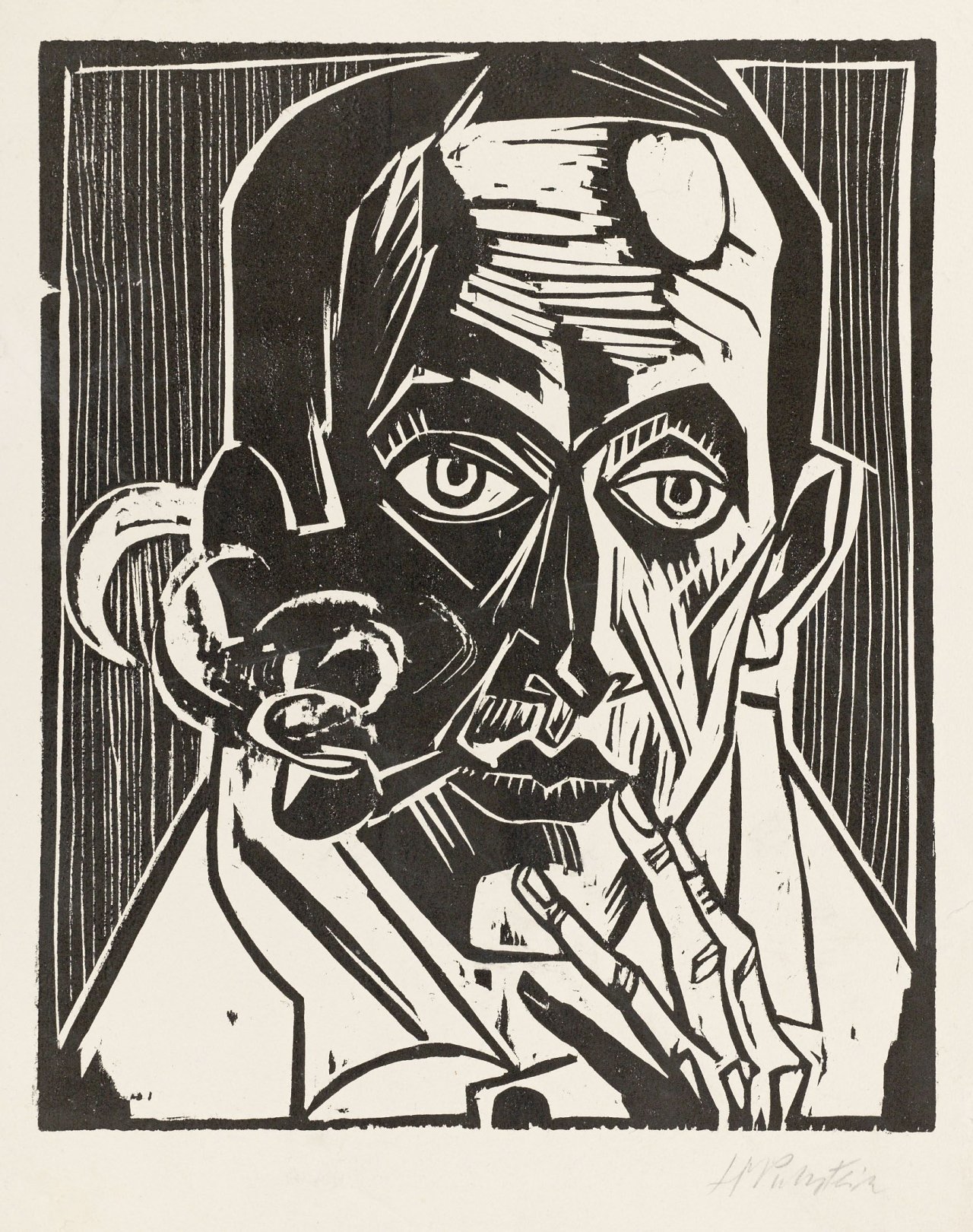 Auf diesem Bild ist das folgende Kunstwerk zu sehen: Max Pechstein. „Selbstbildnis mit Pfeife“. 1922.