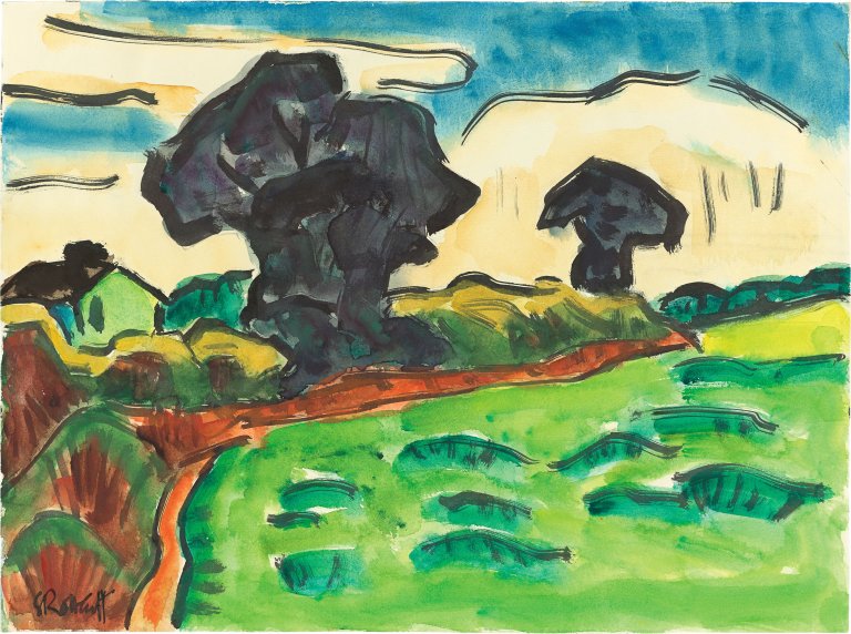 Auf diesem Bild ist das folgende Kunstwerk zu sehen: Karl Schmidt-Rottluff. „Landschaft mit dunklen Bäumen“. Um 1962.