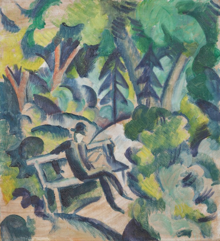 Auf diesem Bild ist das folgende Kunstwerk zu sehen: August Macke. „Mann auf Bank“. 1913.