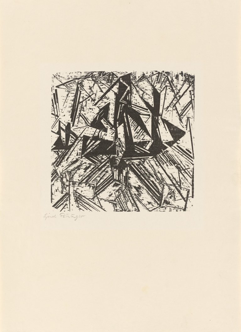 Auf diesem Bild ist das folgende Kunstwerk zu sehen: Lyonel Feininger. „Barke und Brigg auf See“. 1919.