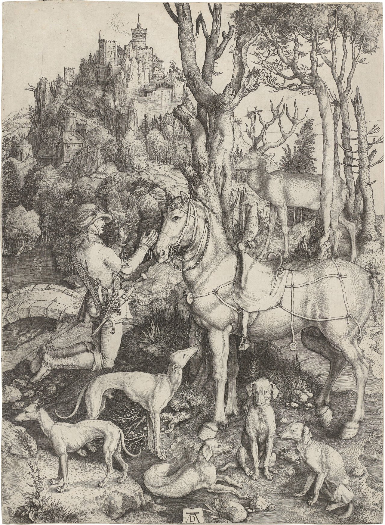 Auf diesem Bild ist das folgende Kunstwerk zu sehen: Albrecht Dürer. „Der heilige Eustachius“. Um 1501.