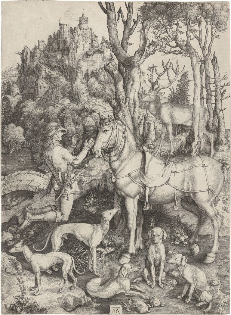 Auf diesem Bild ist das folgende Kunstwerk zu sehen: Albrecht Dürer. „Der heilige Eustachius“. Um 1501.
