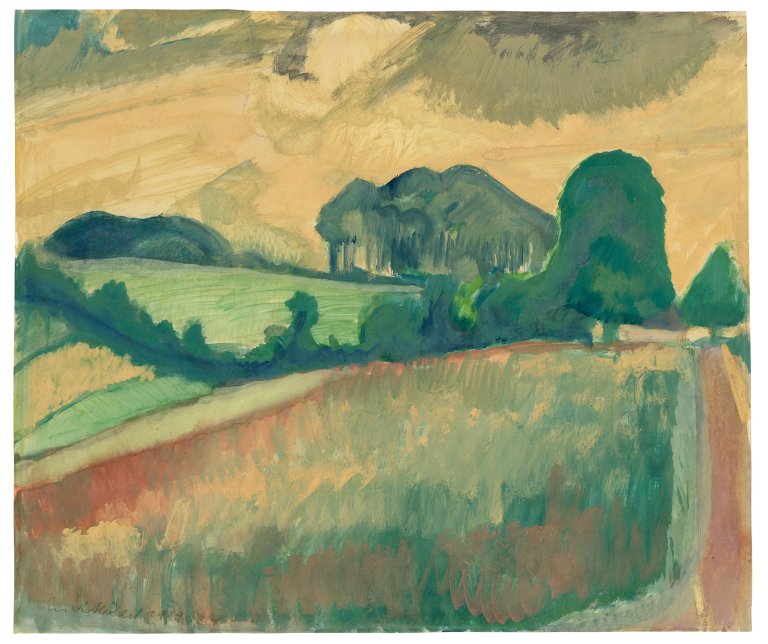 Auf diesem Bild ist das folgende Kunstwerk zu sehen: Erich Heckel. Wiesenlandschaft in Angeln. 1919.