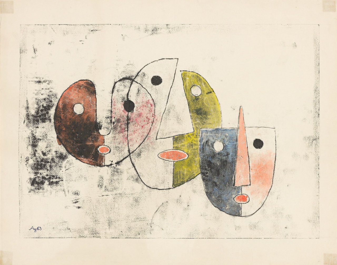 Auf diesem Bild ist das folgende Kunstwerk zu sehen: Rudolf Ausleger. „Nurse mit Kindern“ / Masken. 1953/1963.