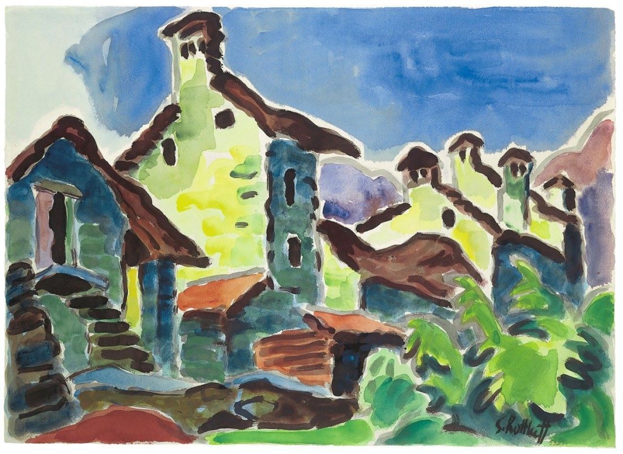 Auf diesem Bild ist das folgende Kunstwerk zu sehen: Karl Schmidt-Rottluff. Häuser im Tessin. 1953.