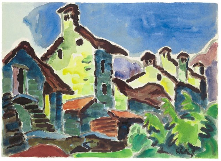 Auf diesem Bild ist das folgende Kunstwerk zu sehen: Karl Schmidt-Rottluff. Häuser im Tessin. 1953.