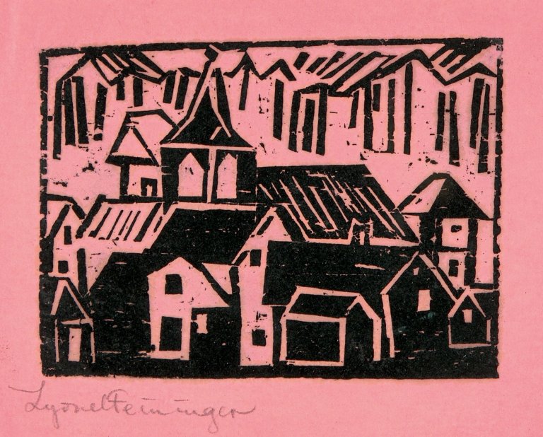 Auf diesem Bild ist das folgende Kunstwerk zu sehen: Lyonel Feininger. „Kirche und Dorf“. 1918.