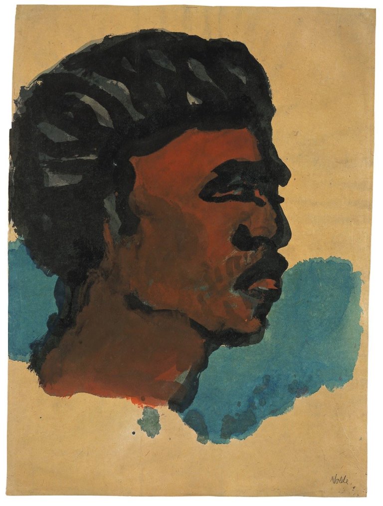 This picture shows the following artwork: Emil Nolde. „Bildnis eines Südsee-Insulaners im Profil nach rechts (rotbraun, blauer Grund)“. 1914.