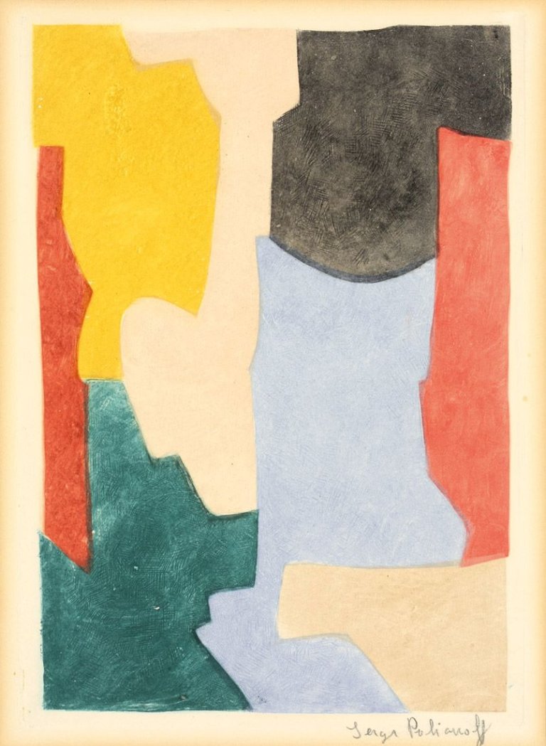 Auf diesem Bild ist das folgende Kunstwerk zu sehen: Serge Poliakoff. „Composition verte, bleue, rose et jaune“. 1964.