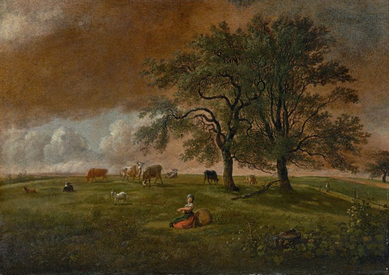 Auf diesem Bild ist das folgende Kunstwerk zu sehen: Johann Christian  Klengel. „Landschaft mit Hirtin und Vieh unter Bäumen“. 1796.
