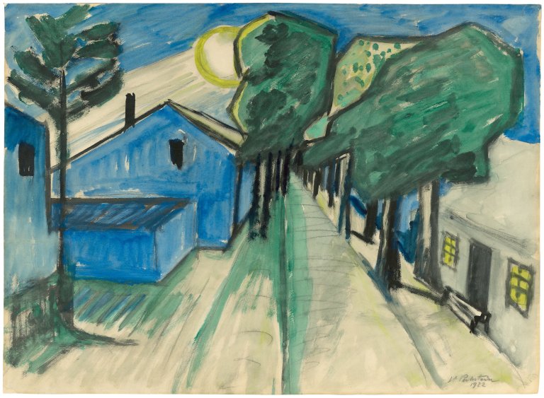 Auf diesem Bild ist das folgende Kunstwerk zu sehen: Max Pechstein. Dorfstraße im Mondlicht. 1922.