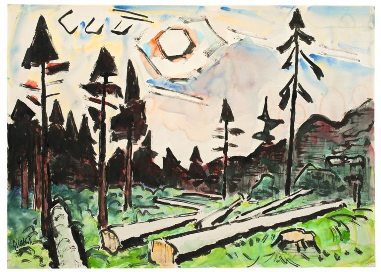 Auf diesem Bild ist das folgende Kunstwerk zu sehen: Karl Schmidt-Rottluff. „Abholzstelle“. 1964.